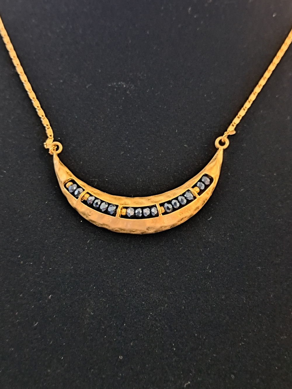 Gold Tone Crescent Necklace with Black Stone Accents - Women Jewelry